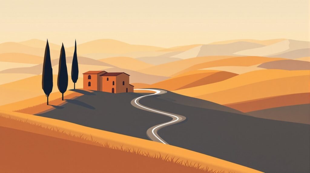 Minimalist flat design illustration of Tuscan landscape